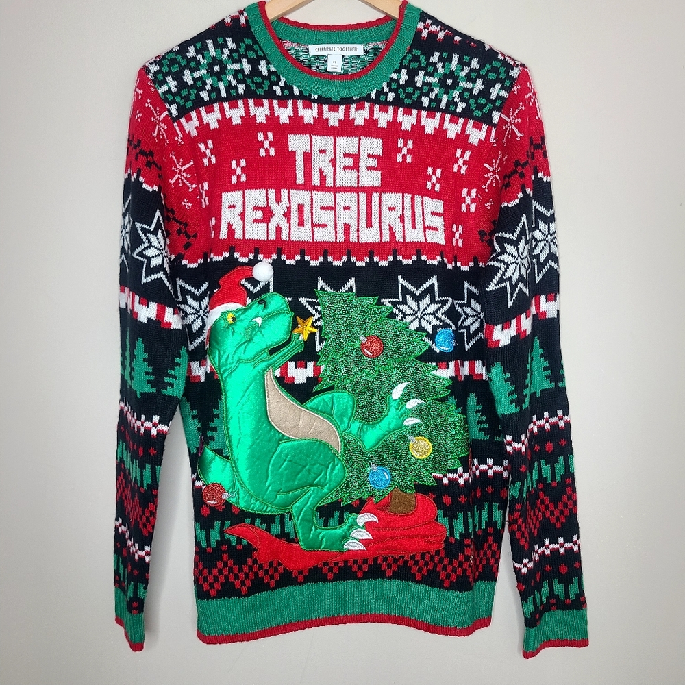 Celebrate Together Mens Christmas‎ Tree Rexosaurus Dinosaur Ugly Sweater Sz M